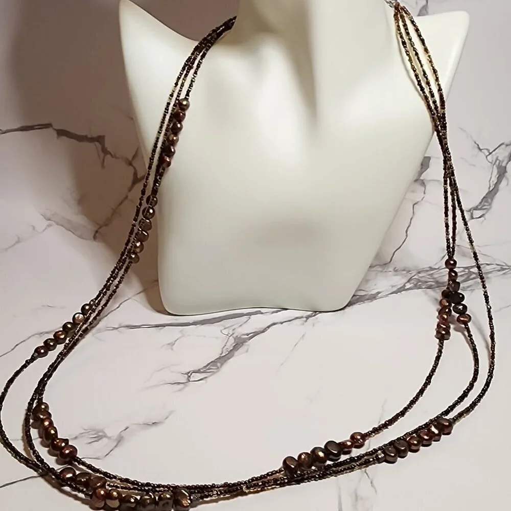 Multi-Stand Brown Bead and Pearl Necklace